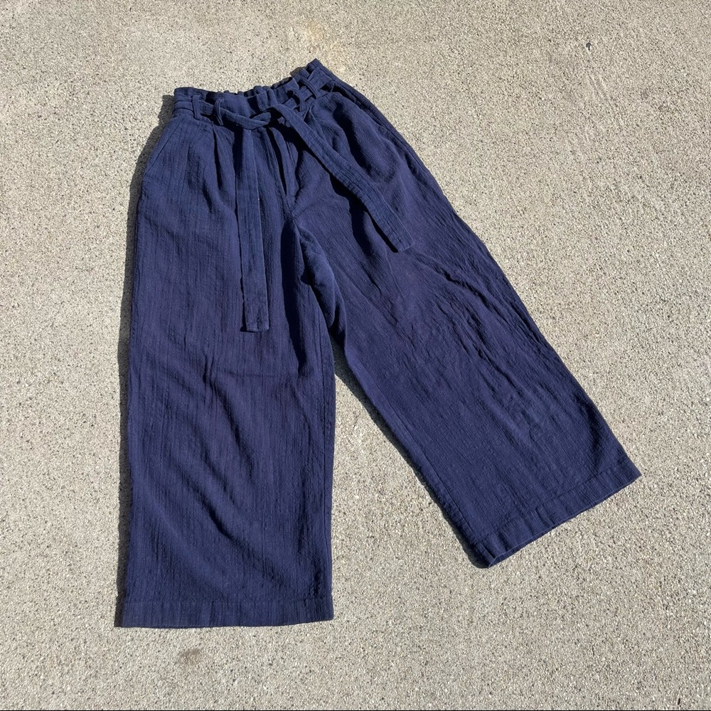 Gorman blue indigo cotton linen blend high rise belted cropped wide leg pants